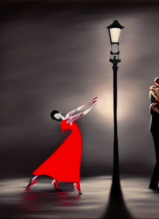 epic art detailed hyper realistic ealistic hyper detailed at night, a couple dances a dynamic tango, lies on the sidewalk in the distance under a street lamp on the sidewalk a man in a tailcoat and hat, a woman in an red evening dress, black and white colors streaks of paint on a dark background