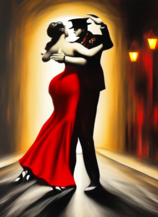 epic art detailed hyper realistic ealistic hyper detailed at night, a couple dances a dynamic tango, lies on the sidewalk in the distance under a street lamp on the sidewalk a man in a tailcoat and hat, a woman in an red evening dress, black and white colors streaks of paint on a dark background