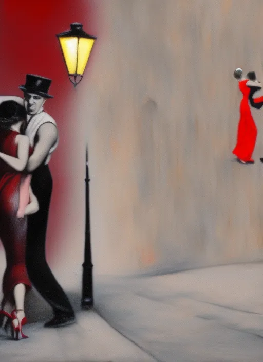 epic art detailed hyper realistic ealistic hyper detailed at night, a couple dances a dynamic tango, lies on the sidewalk in the distance under a street lamp on the sidewalk a man in a tailcoat and hat, a woman in an red evening dress, black and white colors streaks of paint on a dark background