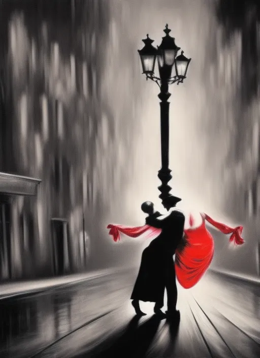 epic art detailed hyper realistic ealistic hyper detailed at night, a couple dances a dynamic tango, lies on the sidewalk in the distance under a street lamp on the sidewalk a man in a tailcoat and hat, a woman in an red evening dress, black and white colors streaks of paint on a dark background