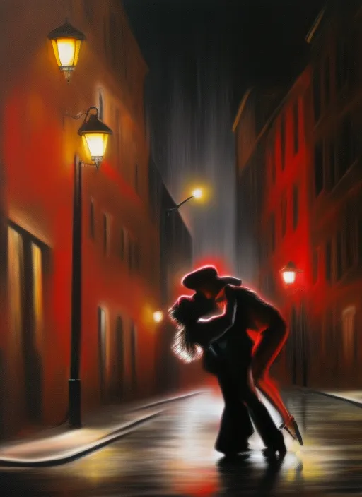 epic art detailed hyper realistic ealistic hyper detailed at night, a couple dances a dynamic tango, lies on the sidewalk in the distance under a street lamp on the sidewalk a man in a tailcoat and hat, a woman in an red evening dress, black and white colors streaks of paint on a dark background