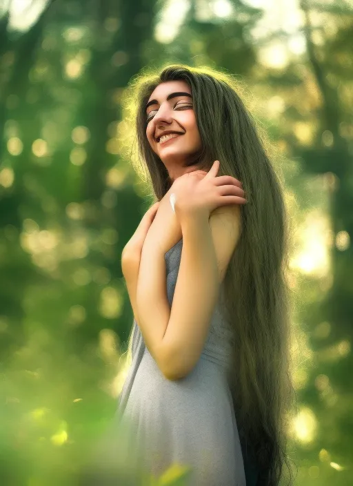 girl hugging happy with herself - surrounded by nature with a radiant aura