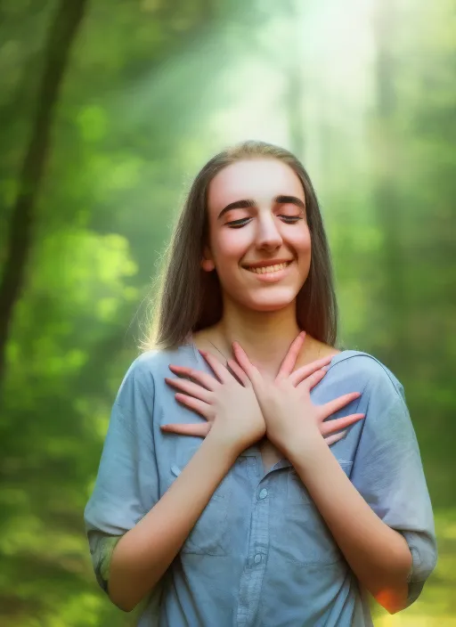 girl hugging happy with herself - surrounded by nature with a radiant aura