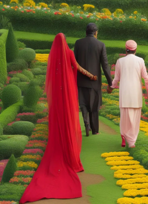 Amitabh Bachchan and Rekha walking hand in hand in the flower garden.