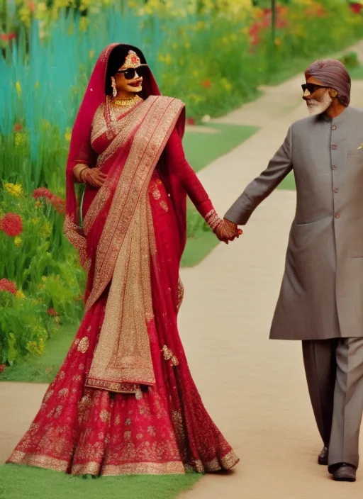 Amitabh Bachchan and Rekha walking hand in hand in the flower garden.