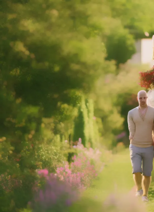 A young man and a young woman walking hand in hand in the flower garden.