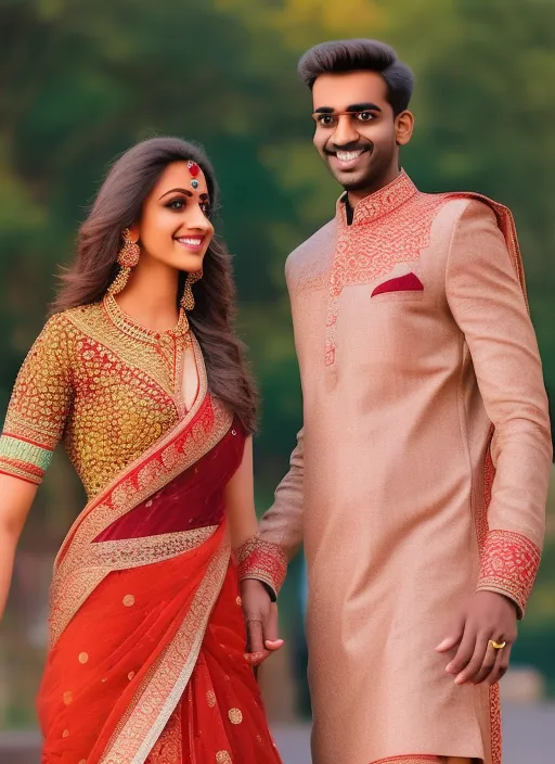 Handsome man and beautiful woman walking in casual Indian ware