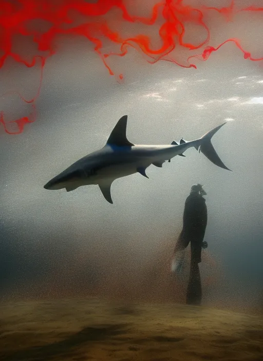“big sea with shark. big sea with shark. amber, whirling red smoke”