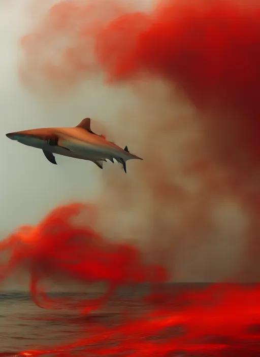 “big sea with big shark. sea with shark. amber, whirling red smoke”