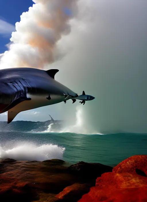“big sea with big shark. sea with shark. amber, whirling red smoke”