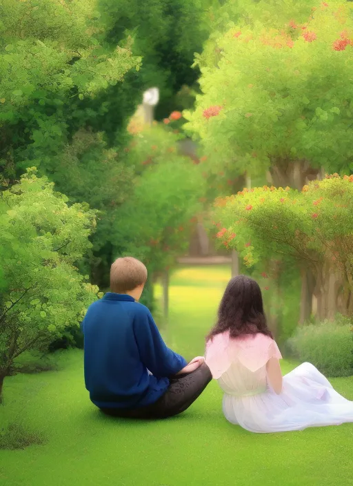 A girl and a boy are sitting in a beautiful garden