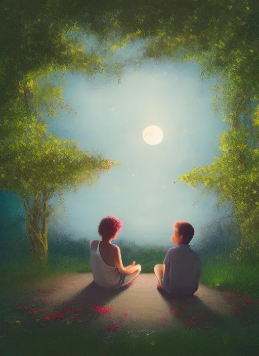 A girl and a boy are sitting in a beautiful garden in the moonlight