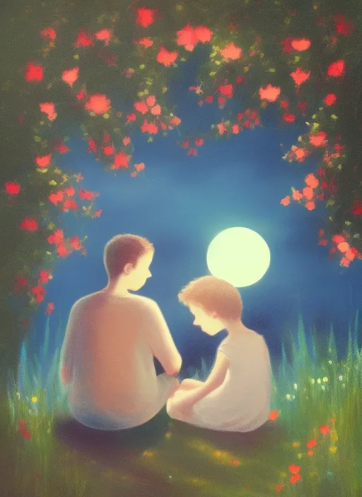 A girl and a boy are sitting in a beautiful garden in the moonlight