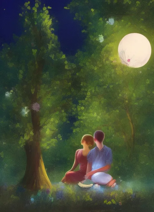 A girl and a boy are sitting in a beautiful garden in the moonlight