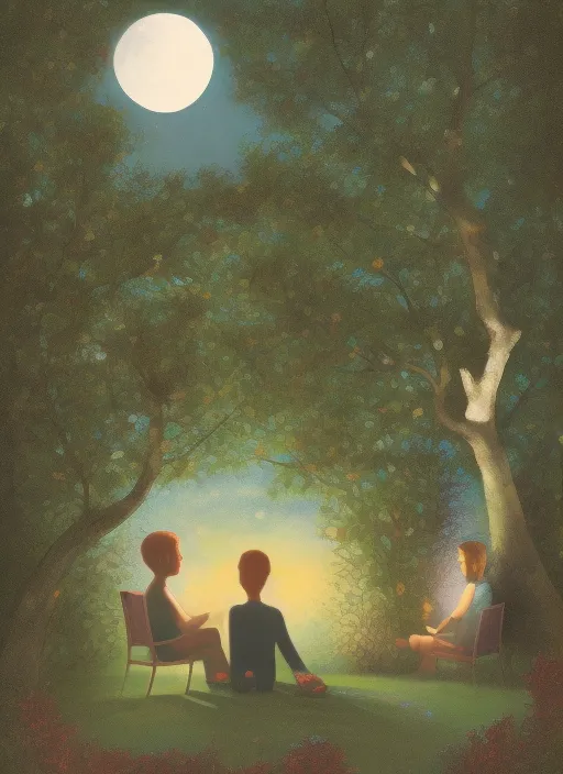 A woman and a men are sitting in a beautiful garden in the moonlight