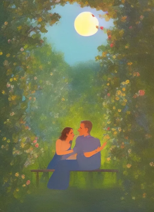 A woman and a men are sitting in a beautiful garden in the moonlight