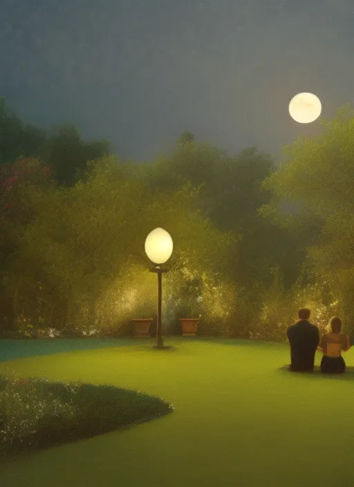 A woman and a men are sitting in a beautiful garden in the moonlight alone