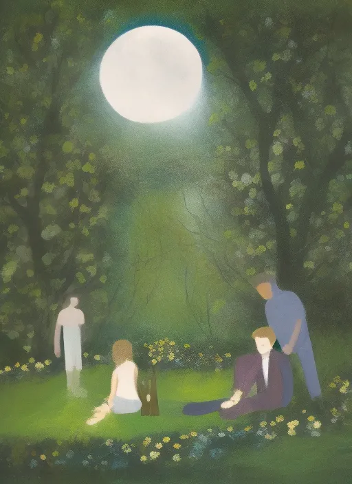 A woman and a men are sitting in a beautiful garden in the moonlight alone