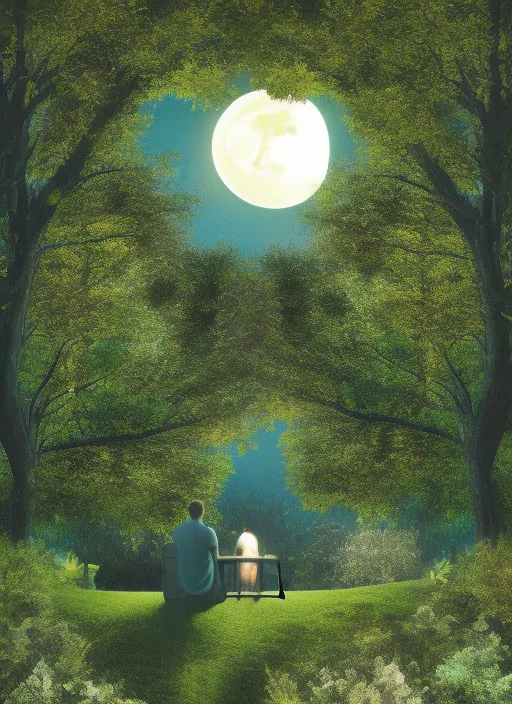 A woman and a men are sitting in a beautiful garden in the moonlight alone