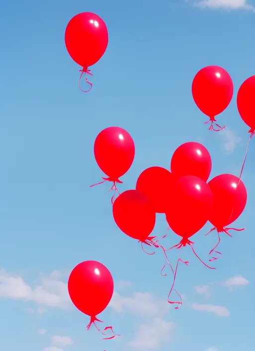 Red balloons fly in the blue sky 