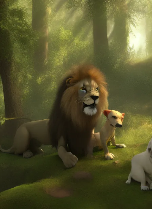 a lion and a dog in a forest