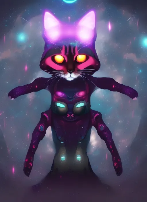 humanoid cat in a spaceship flies through a fantastic cyberpunk galaxy