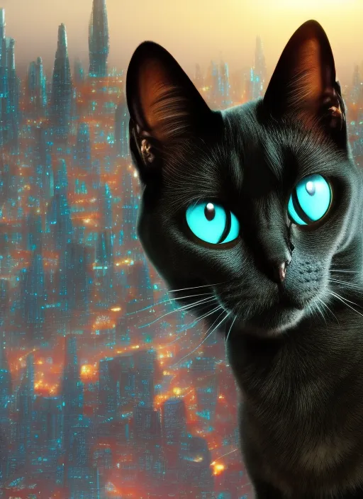 Cinematic black cat with big eyes against the background of the metropolis of the future