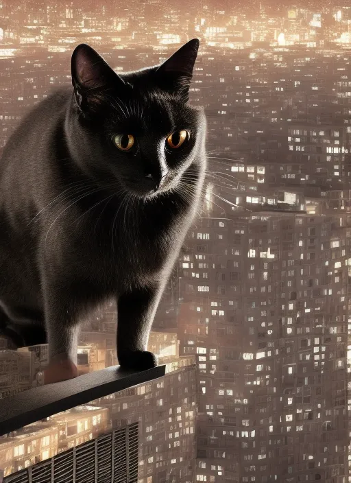 Cinematic black cat with big eyes against the background of the metropolis of the future