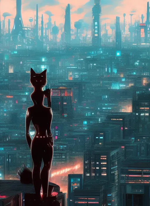 Cinematic black cat with big eyes against the background of the metropolis of the future cyberpunk 
