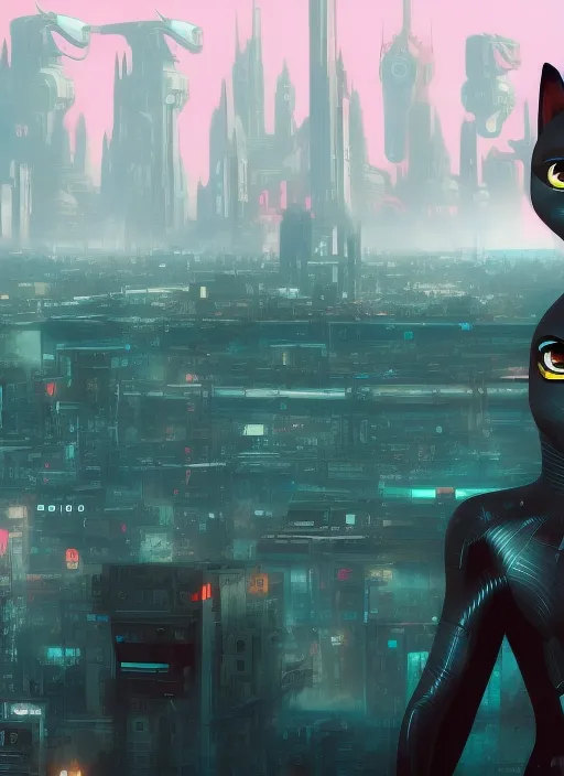 Cinematic black cat with big eyes against the background of the metropolis of the future cyberpunk 