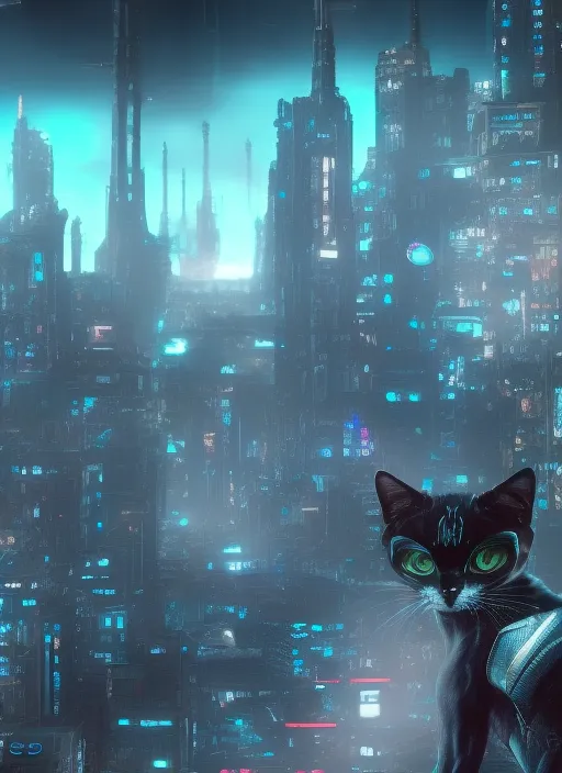 Cinematic black cat with big eyes against the background of the metropolis of the future cyberpunk 