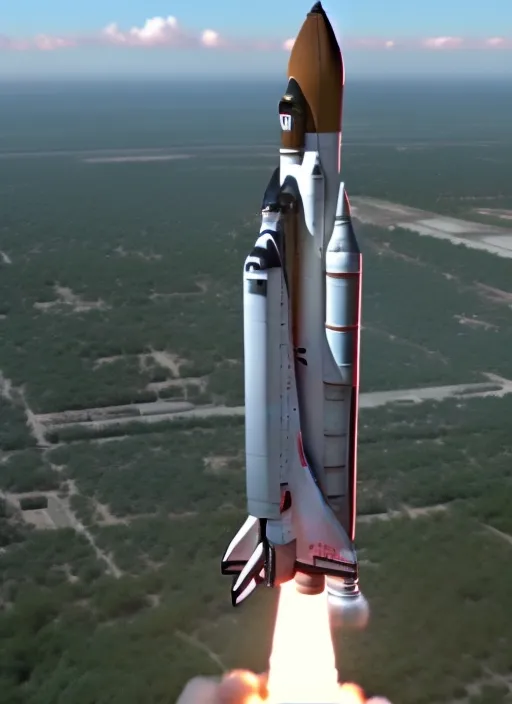 mdjrny-v5 massive Space shuttle during its launch from the ground| hyperdetailed|beautiful|8k resoloution|ground level full of fire and smoke| extreme long shot| centered| vibrant| massive scale| dynamic lighting|