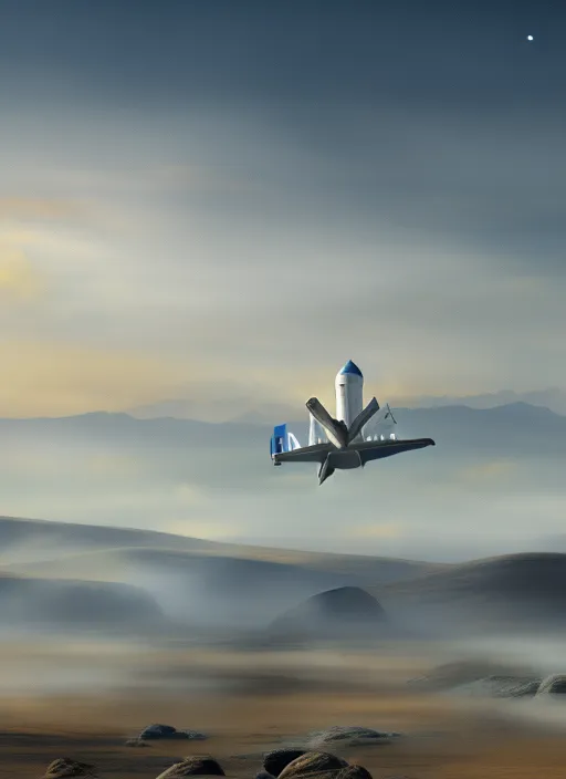 Title: "Midjourney 5: Shuttle Landing"

Description: Imagine you're watching a space shuttle coming in for a landing on a distant planet. The shuttle is surrounded by a swirling mist of dust and vapor, kicked up by its thrusters as it slows down. In the distance, you can see towering mountains and jagged rock formations, bathed in the pale light of an alien sun.

For your wallpaper, the art piece would depict this scene in a stylized, futuristic way. Here are some elements you might want to include:

The space shuttle itself, descending towards the planet's surface. You could The space shuttle itself, descending towards the planet's surface. You could give it a sleek, modern design, with glowing thrusters and streamlined wings.
The mist and dust cloud surrounding the shuttle, which could be rendered in shades of gray and white, with swirling patterns that suggest motion and turbulence.
The alien landscape, which could be shown in silhouette against the sky. You could use bold, angular shapes to suggest the harsh terrain, with jagged peaks and sharp ridges.
The sky itself, which could be a deep, rich blue, with streaks of orange and yellow to suggest the light of a distant sun.
