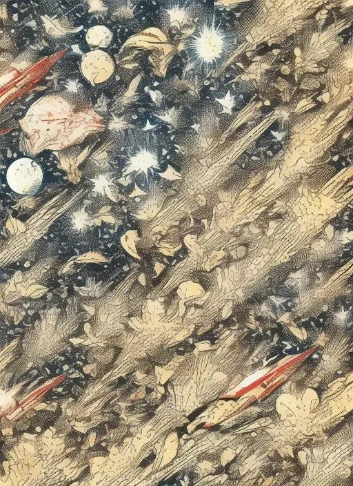 flying space shuttle, printed texture , old comics, dust texture”