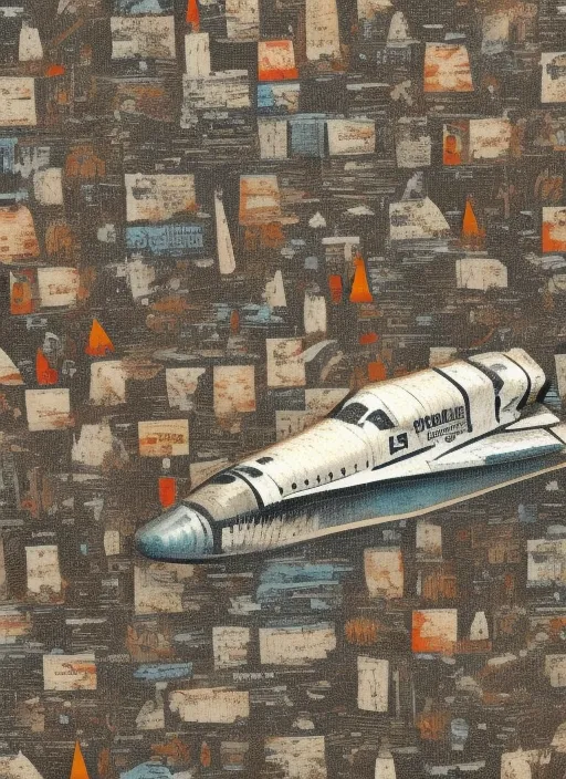 midjurney-v4 flying space shuttle, printed texture , old comics, dust texture”