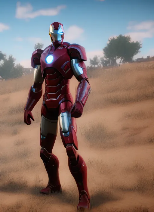 iron man suit in red dead redemption 2, cinematic, photorealistic, blue