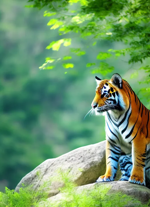 A tiger sitting on the rock In the green forest 