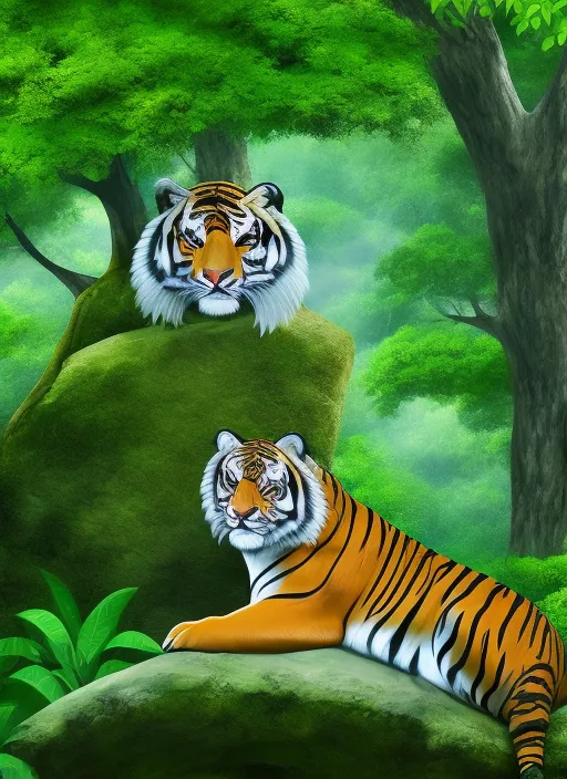 A tiger sitting on the rock In the green forest 