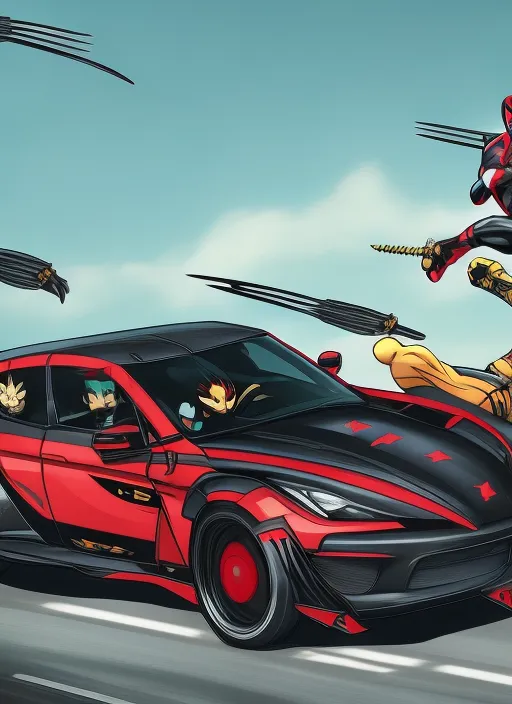 Deadpool and Wolverine in The car black