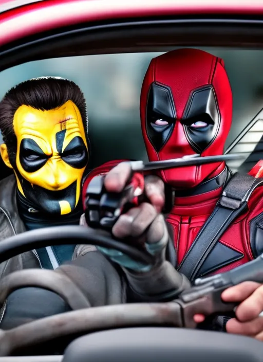 Deadpool and Wolverine in The car black