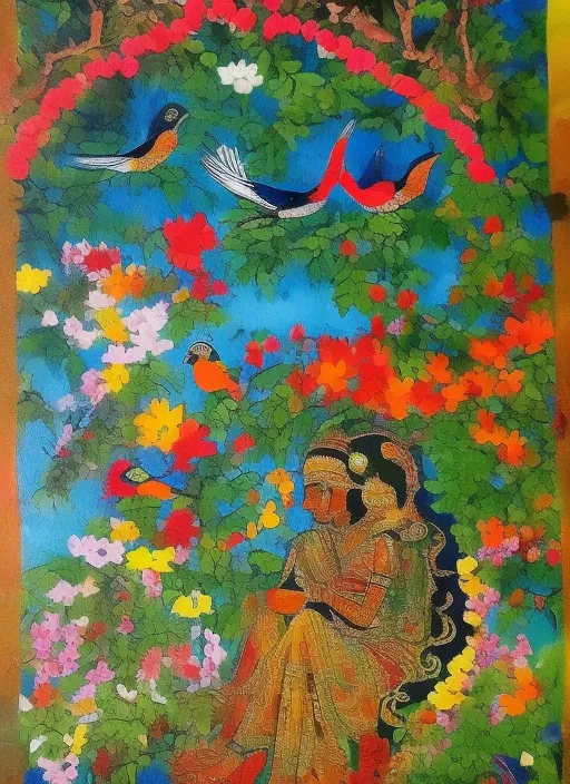 Krishina with flowers and birds 