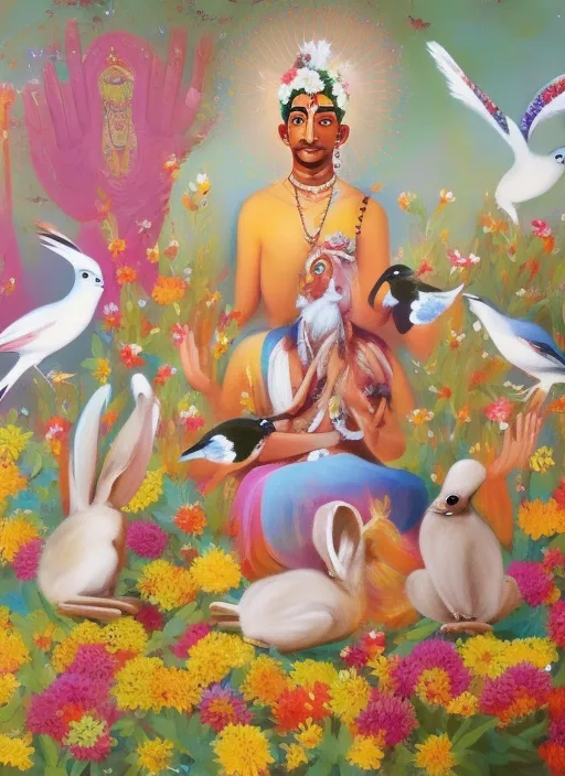 Hare Krishina with flowers and birds 
