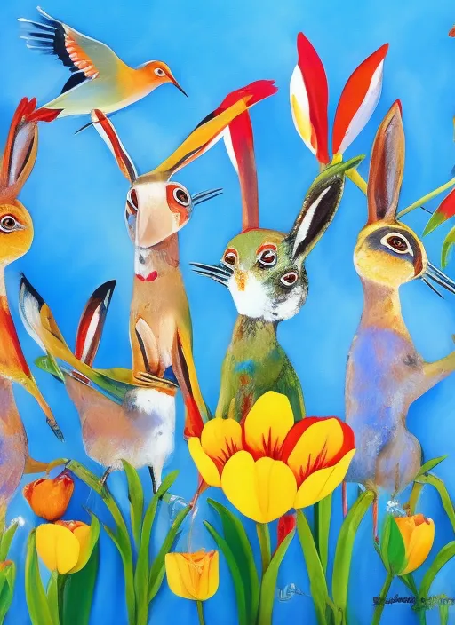 Hare Krishina add tulipas and birds blue
