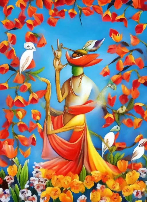 Hare Krishna add tulipas and birds blue