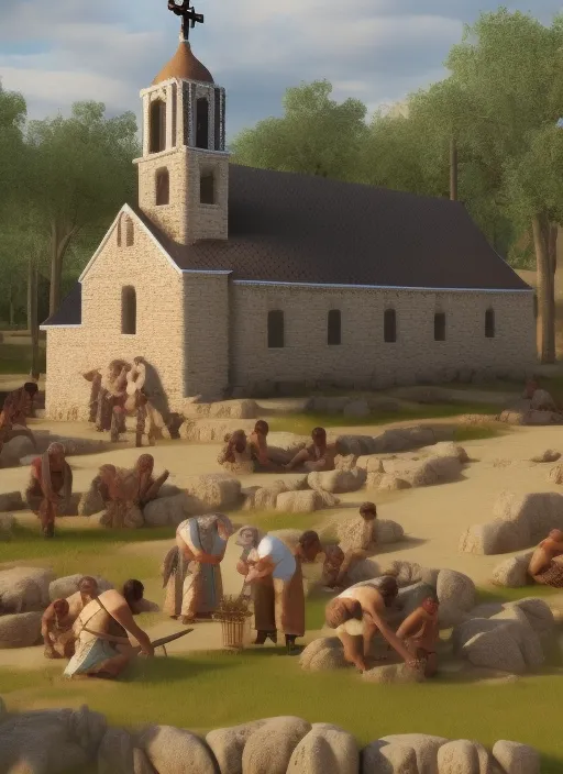 Realistic scene, XVIth century America, high quality, White and indigenous People building together a church with a cross on the roof. 