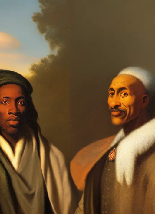 realistic portrait of a black man, a native american man and a white man looking to the front, XVIth century dressed, with a shinning sun over their heads