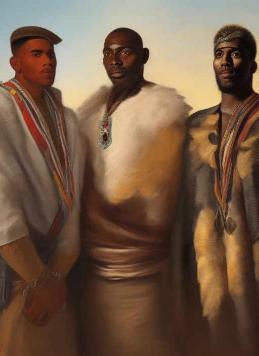 realistic portrait of three men: a black man dresses with tribal dress, a native american man with native dress and a white man dresses like spaniard conqueror, looking to the front, with a shining sun over their heads