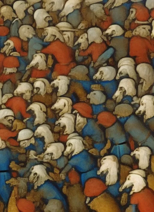 medieval painting of pack of mad dogs biting to a crowd of people