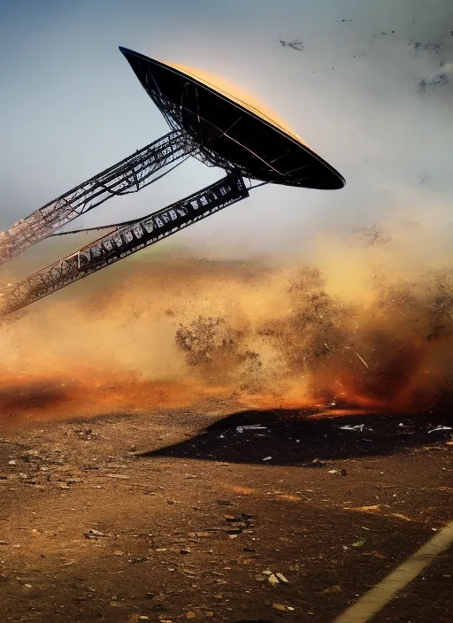 style explosion of a Radio Telescope collapsing to the ground