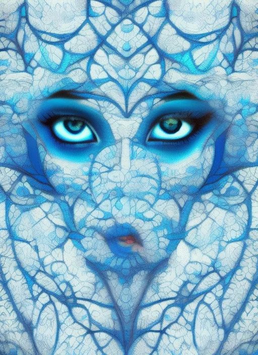 a dreaming woman's face with a blue eye. azure, organism, iris, eyelash, art, electric blue, symmetry, pattern, circle, visual arts, dreaming